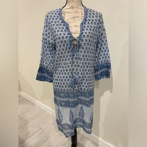 Blue and White Bell Sleeve Plunge Neck Resort Coverup by 100% Cotton